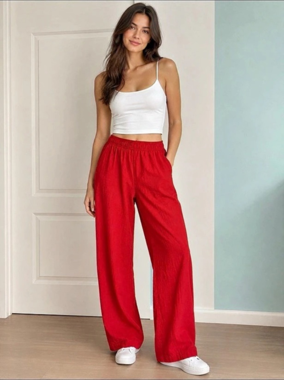 Gap Tomato Red Linen-Rayon Relaxed Wide-Leg Trousers Size M Tall